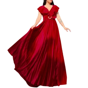 Elegant red V-neck maxi dress with ruffled collar, pleated skirt and matching waist belt