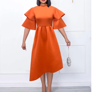 Elegant orange high-neck midi dress with ruffled sleeves and asymmetrical hemline