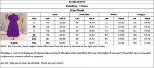 Size chart for puff sleeve bow dress with bust, waist, and length in inches and centimeters