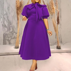 Women Elegant Plus Size Midi Dress Puff Sleeve Bow Tie Neck A-Line Solid Color Short Sleeve Party Banquet Cocktail Dress
