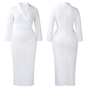 Vue détaillée avant et arrière de la robe crayon blanche col V avec plis et fente