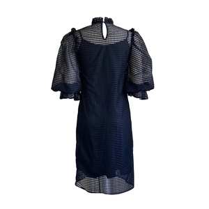 Detail of black dress with sheer mesh texture, ruffled high collar, and puff sleeves