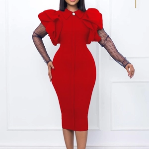Women Elegant Bodycon Midi Dress Patchwork Polka Dot Mesh Long Sleeve Ruffle Shoulder Office Commute Party Pencil Dress