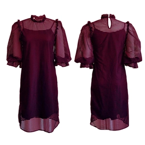 Detailed front and back view of burgundy mesh dress with puff sleeves and stand collar