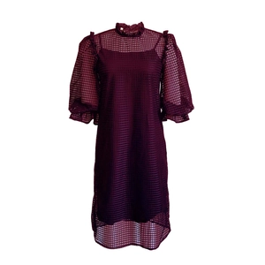 Detail of dark purple mesh dress showing lace collar and puff sleeves with lining