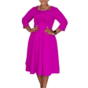 Detail view of square neck rose purple midi dress with vertical pleated design and buttons