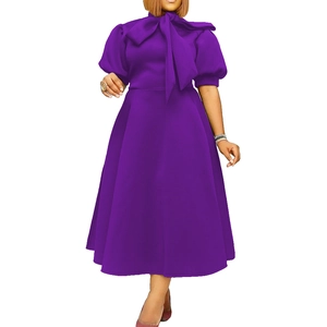 Elegant purple A-line midi dress with puff sleeves and bow tie neck on white background