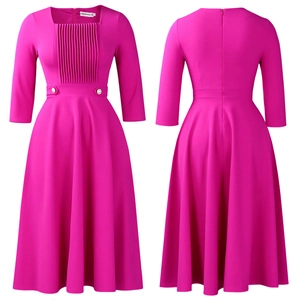 Detail of rose red dress with square neckline, pleated bust, and decorative buttons