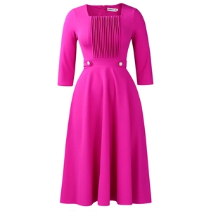 Detail of square neckline with vertical pleats and pearl buttons on magenta dress