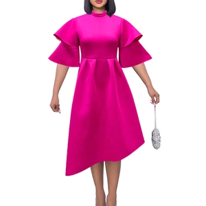 Elegant rose red high neck dress with ruffled sleeves and asymmetric hemline