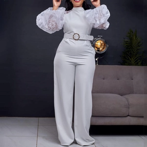 Women Elegant Lace Sleeve Wide Leg Jumpsuit High Waist Mesh Floral Embroidery Long Romper With Belt Party Evening Outfit