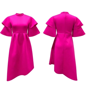 Detail of rose red high neck dress with ruffled sleeves and asymmetric hem design
