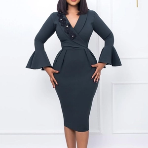 Elegant V-neck bodycon midi dress with floral pearl accents and flared sleeves in dark grey