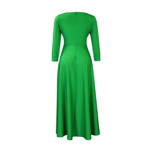 Detailed back view of a bright green maxi dress with invisible zipper and A-line silhouette