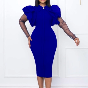 Royal blue bodycon midi dress with ruffled shoulders and black polka dot mesh sleeves