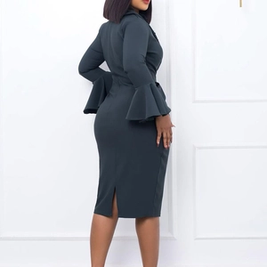 Elegant dark grey slim fit V-neck dress with ruffle flared sleeves and back slit hemline