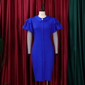 Detail view of royal blue dress with Peter Pan collar and polka dot mesh sleeves