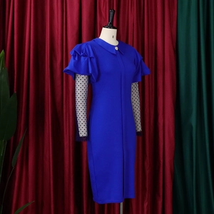 Detail view of royal blue dress with polka dot mesh sleeves and gold button collar