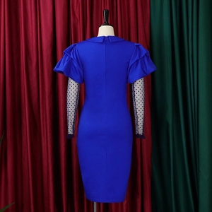 Detail of royal blue dress featuring mesh dot sleeves and invisible back zipper closure