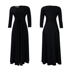 Detailed front and back view of elegant black maxi dress with waist tie and A-line skirt