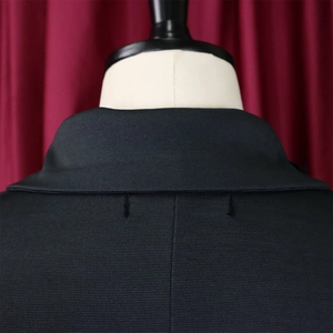 Close-up detail of the black V-neck collar and fine texture on an elegant dress