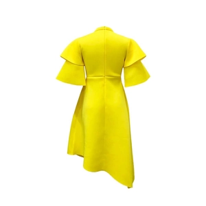 Detail view of bright yellow asymmetric dress with tiered ruffle sleeves and back zipper