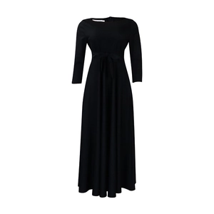 Close-up of black long sleeve maxi dress with waist tie and invisible back zipper