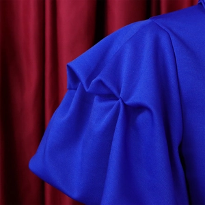 Close-up of royal blue pleated sleeve detail on a sophisticated mesh pencil dress