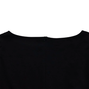 Detail view of the concealed zipper and neckline on the black plus size maxi dress