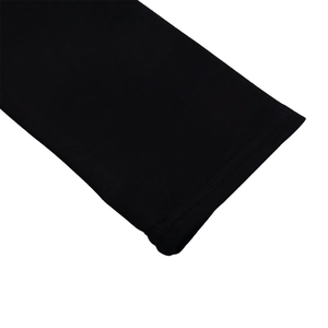 Close-up of black knit sleeve cuff showing detailed double-needle hem stitching