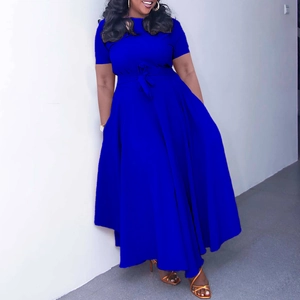 Detail of cobalt blue plus size maxi dress with round neck, short sleeves and waist tie