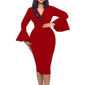 Detail of red V-neck midi dress featuring 3D floral appliques and elegant flare sleeves