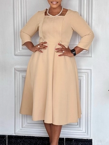 Women Elegant Square Neck Pleated Midi Dress Polyester Spandex High Waist A-Line Dress With Buttons For Office Party