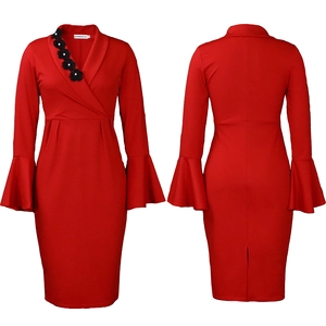 Front and back view of elegant V-neck red dress with lace flowers and flare sleeves