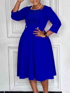 Elegant royal blue square neck dress with pleated bodice and high waist A-line silhouette