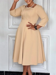 Elegant beige square neck mid-sleeve pleated dress with high waist and pearl buckle