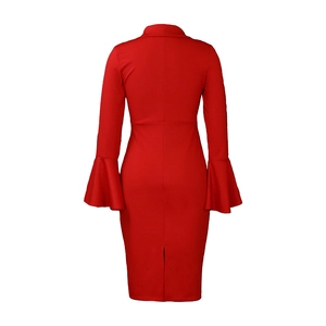 Close-up of red bodycon dress featuring elegant flared sleeves and back slit detail