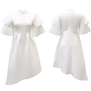 Detailed front and back view of a white asymmetrical dress with ruffled short sleeves