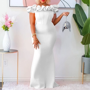Elegant white off-shoulder mermaid evening gown with ruffled neckline on a female model