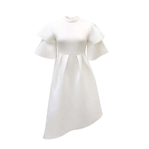 Detail of elegant white evening dress featuring layered bell sleeves and asymmetric hem