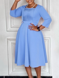Square neck light blue midi dress with pleated bodice and three-quarter sleeves