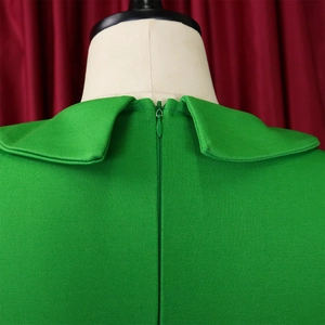Detail of green mesh dress featuring a Peter Pan collar and hidden back zipper