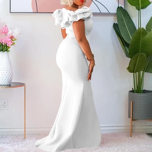 Detailed view of the elegant white off-shoulder mermaid dress with ruffled neckline