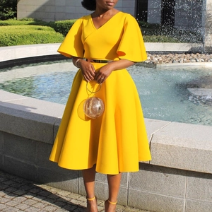 Women Elegant V-Neck Flared Sleeve Big Swing Midi Dress Solid Color Fashion Office Party A-Line Summer Dress
