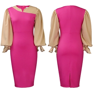 Front and back view of rose red midi dress with khaki lantern sleeves and back slit details