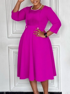 Square neck magenta midi dress with pleated bust and decorative waist belt buttons