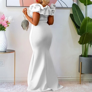 Elegant white off-shoulder mermaid dress with ruffled neckline for formal evening gala events