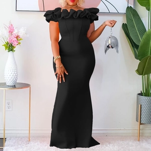 Elegant black off-shoulder mermaid evening gown with ruffled neckline for formal events