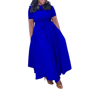 Detail of royal blue short sleeve plus size maxi dress with waist tie and flared hem