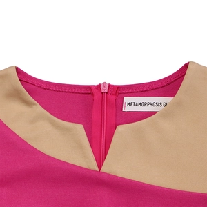 Detail of rose red dress with beige patchwork neckline and hidden back zipper